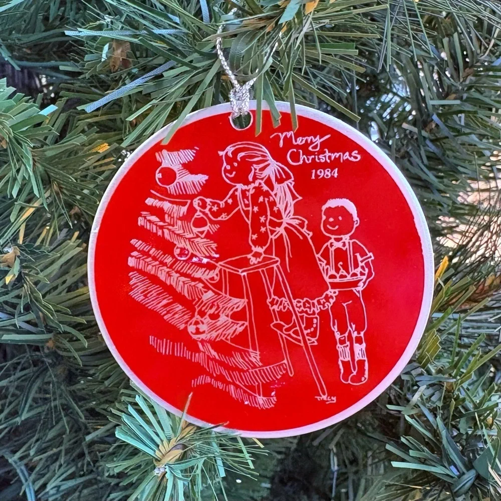Vintage Holiday Christmas Ornament Red Round 1984 Boy Girl Christmas Tree
